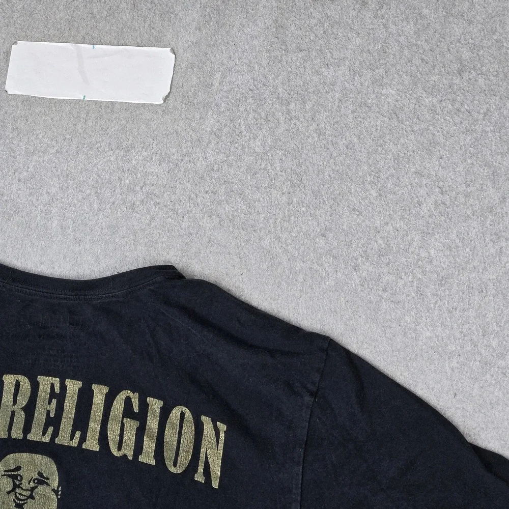 True Religion Men Shirt L/G Black Graphic Buddha Guitar Grunge Logo Short Sleeve